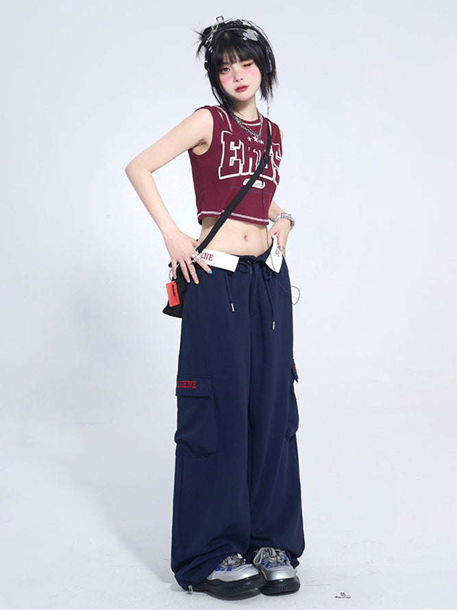 フォールドオーバーパンツカーゴネイビーブルーウエスト