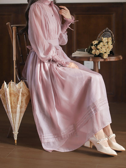 Manschetten Elastisches Mesh-Kleid Altrosa Elegante Details mit Bischofsärmeln Schleife