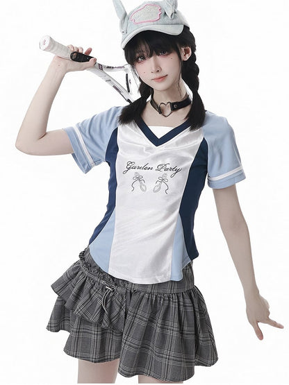 Blue Colorblock Design Blokette Core V-neck T-shirt