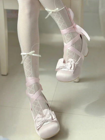 Satin Light Pink Sweet Lolita Round-Toe Low-heel Shoes - Detachable Ankle Strap with Heart Snap & Scalloped Edge
