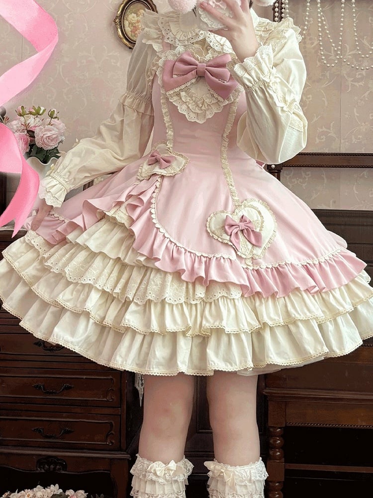 Lolita Heart Lace JSK and with Pink Sweet Dress Patch Ruffles Embellished Beige Bow