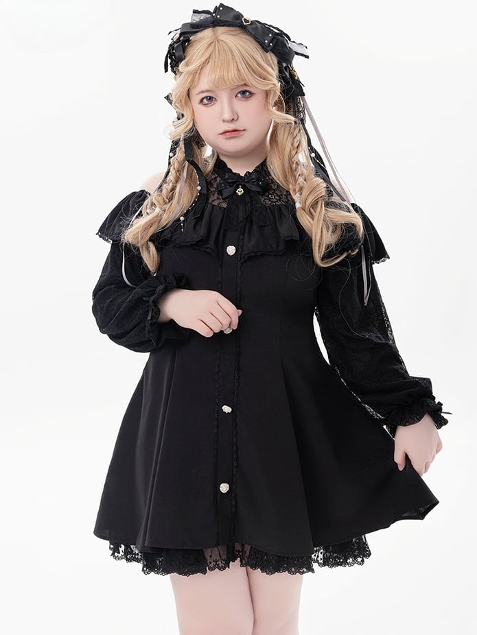 Schwarzes Jirai Kei-Kleid mit Illusionsausschnitt, ausgeschnittenen Schultern und langen Ärmeln und Fliege