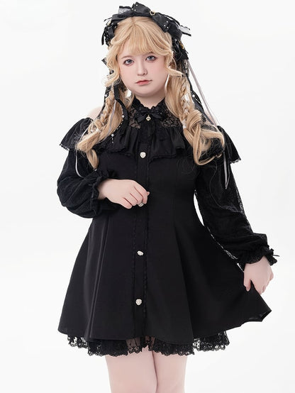 Schwarzes Jirai Kei-Kleid mit Illusionsausschnitt, ausgeschnittenen Schultern und langen Ärmeln und Fliege