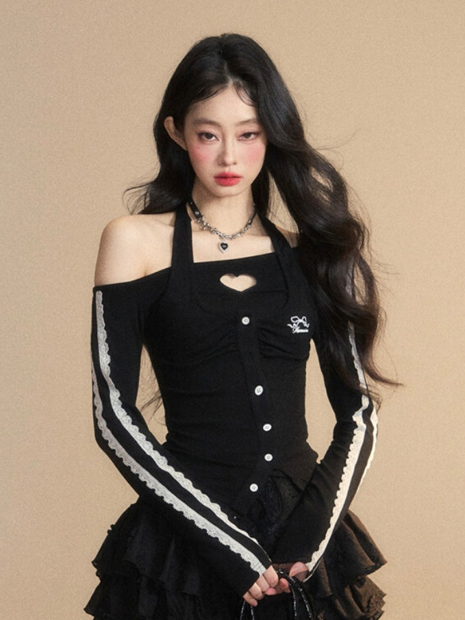 Trim Glamorous Spitzenausschnitt Schwarz Neckholder Herzförmiges Top Schmal geschnitten