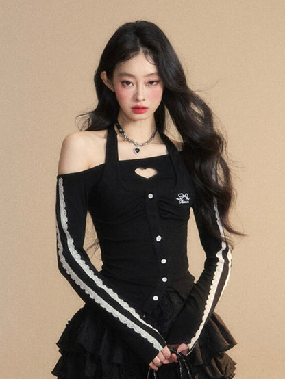 Trim Glamorous Spitzenausschnitt Schwarz Neckholder Herzförmiges Top Schmal geschnitten