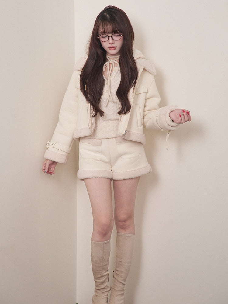 Cropped Hooded Kei White Jacket Strap with Details Jirai Zippered