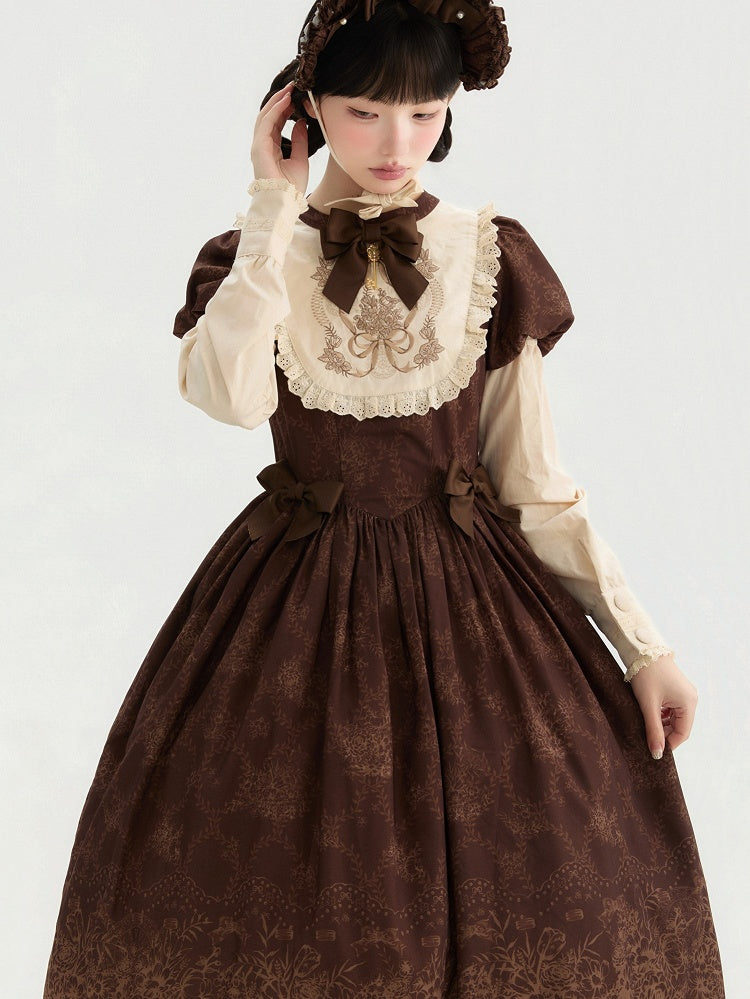 Bodice Lolita Long and Classic Floral Brown One Piece Embroidery Version Bowknot
