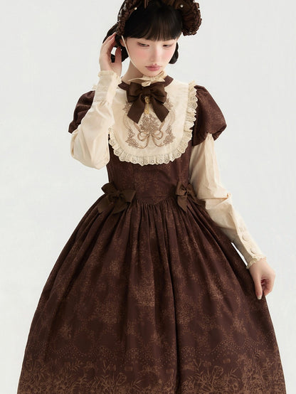 Bodice Lolita Long and Classic Floral Brown One Piece Embroidery Version Bowknot