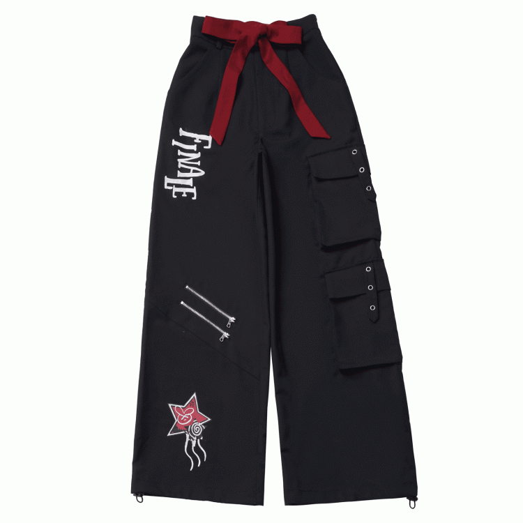ストレートレッグカーゴブラックダブルジッパードローストリングカフスパンツ