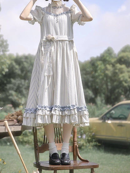 Waistbelt Flutter with Blue Striped Beige Sleeves and Dress