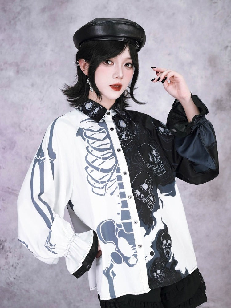 Gothic Black and White Balloon Sleeve Shirt with Asymmetric Skeleton Print - Quirky Hut
