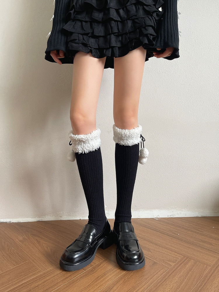 with Slouchy Pom-Pom Ribbed Stockings Sherpa 5-Color Cuff Accents