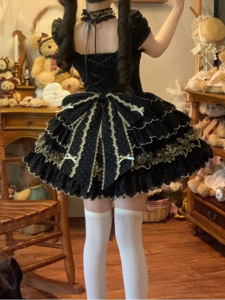 Scallop Tiered Black Boned Polka Dot Lolita Waist with Dress Trim Princess Hem