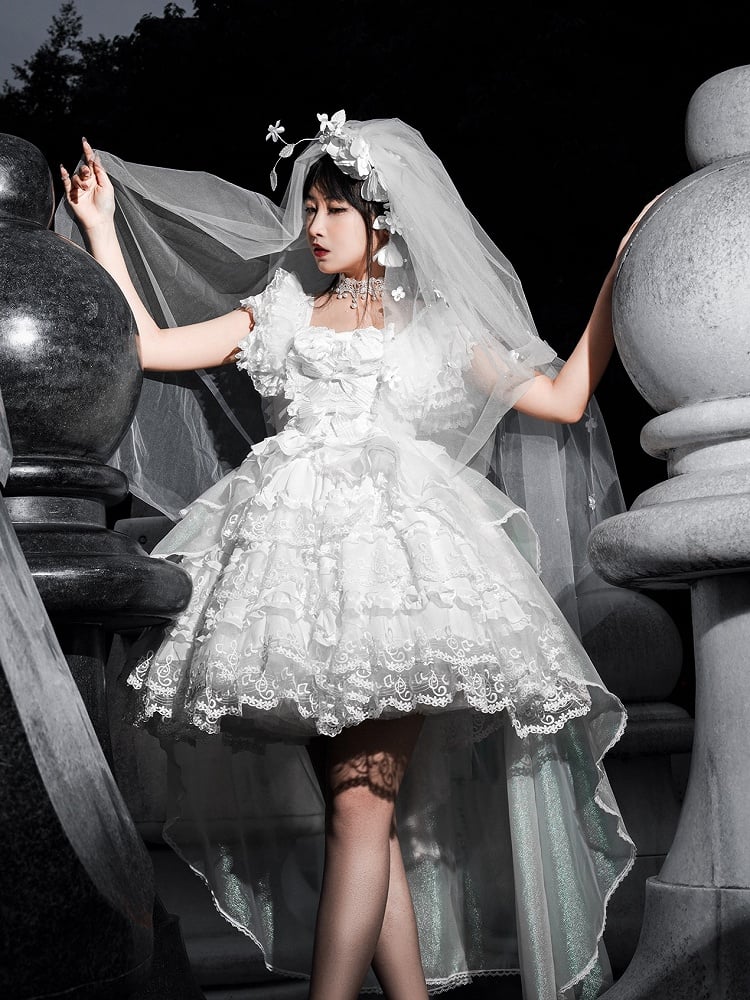 Lolita Head White Veil Floral Embellished