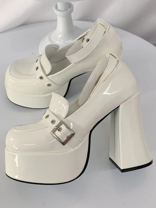 Chunky Heel Y2K White Shoes - Platform Sole with Ornate Buckles & Removable Ankle Harness