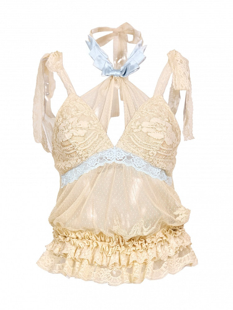 Apricot Lace & Dots Tulle Halter Camisole - Blood Supply
