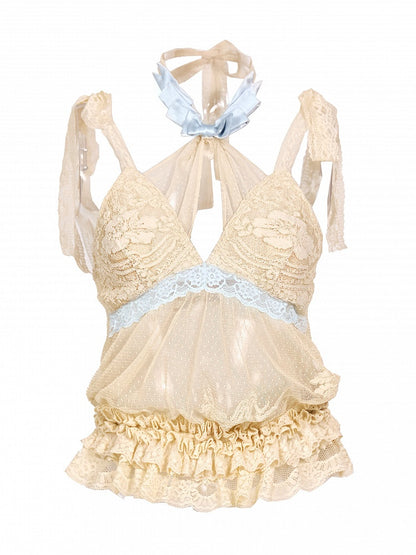Apricot Lace & Dots Tulle Halter Camisole - Blood Supply