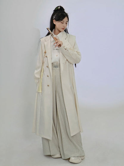 Beige Trench Coat with Dragon Embroidery, Mandarin Collar & Removable Tassel Accent - Feng Hua Gui Guo Ling