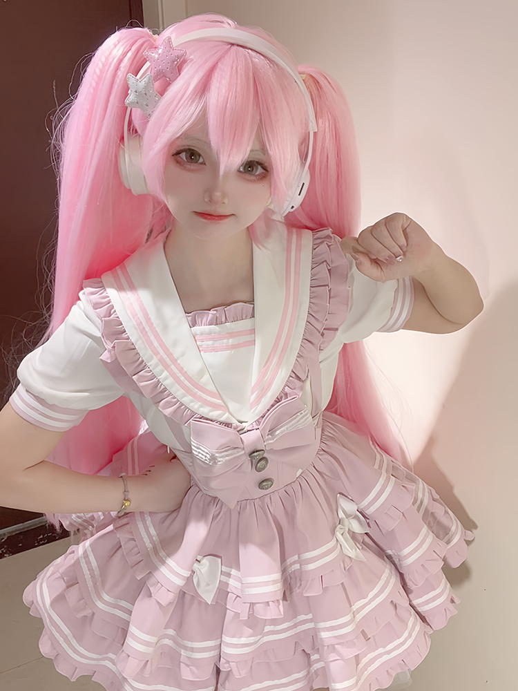 Accents Tiered Skirt Sweet Pink Overalls Flutter Sleeves Bow Lolita Dress Light