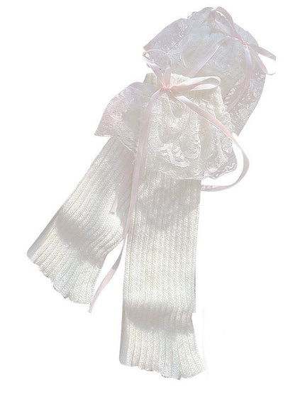 Details with Y2K Creamy Leg Warmers Accents Bow Bittersweet Knitted Lace White/Pink