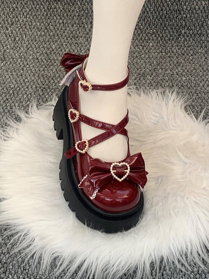 Sweet Jane PU Mary Wine Fastening Bow Red Snap Lolita Embellishments with Shoes Heart