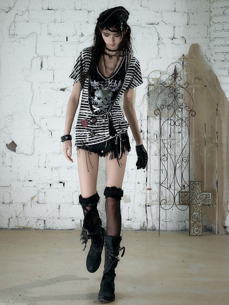 Black White Street Punk Two-Piece Set with Asymmetric Top and Skull Tank - NO ROMANCE