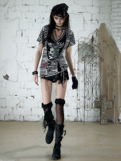 Black White Street Punk Two-Piece Set with Asymmetric Top and Skull Tank - NO ROMANCE