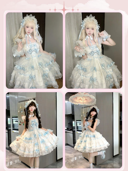 Süßer Prinzessinnen-Rock mit blauer Schleife und weißem Pullover mit Akzenten Lolita