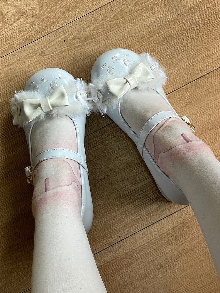 Blaue Schuhe Details Runde Zehenriemen Lolita Schnalle Ohr mit Bowknot Plüsch süßes Häschen