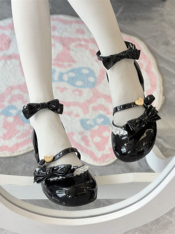 and with PU Sandals Black Lolita Accents Leather Sweet Bow Lace Low-Heel
