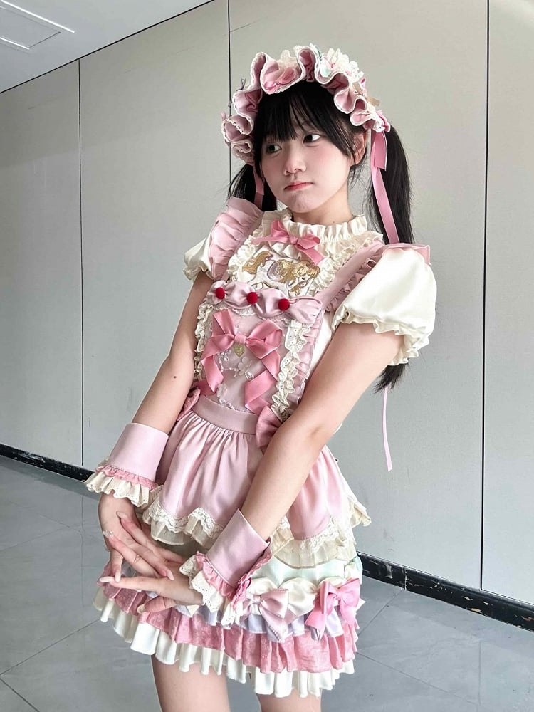 Kawaii Pink 3D Horse Embroidery Short Sleeve Blouse with Bow Layered Ruffle Skirt Set - Sweet Dream Box