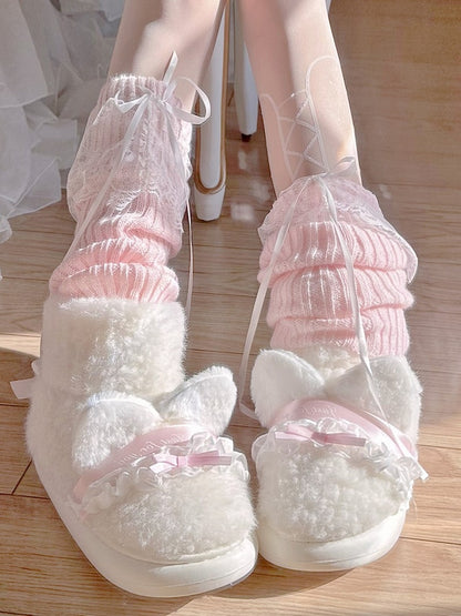 with Bow Shoes Plush Accents Sweet Off-white Lolita