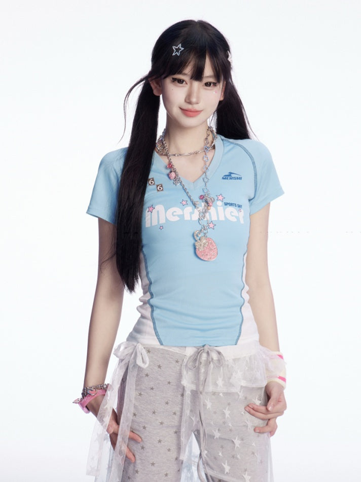 Vネック スリムフィットTシャツ ブルー＆ホワイト カラーブロックデザイン