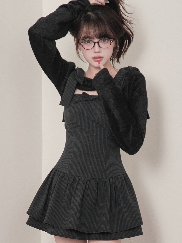 Two-Piece Kei Striped Black Shrug Gray Bow Set + Dress Jirai Dark - Cropped