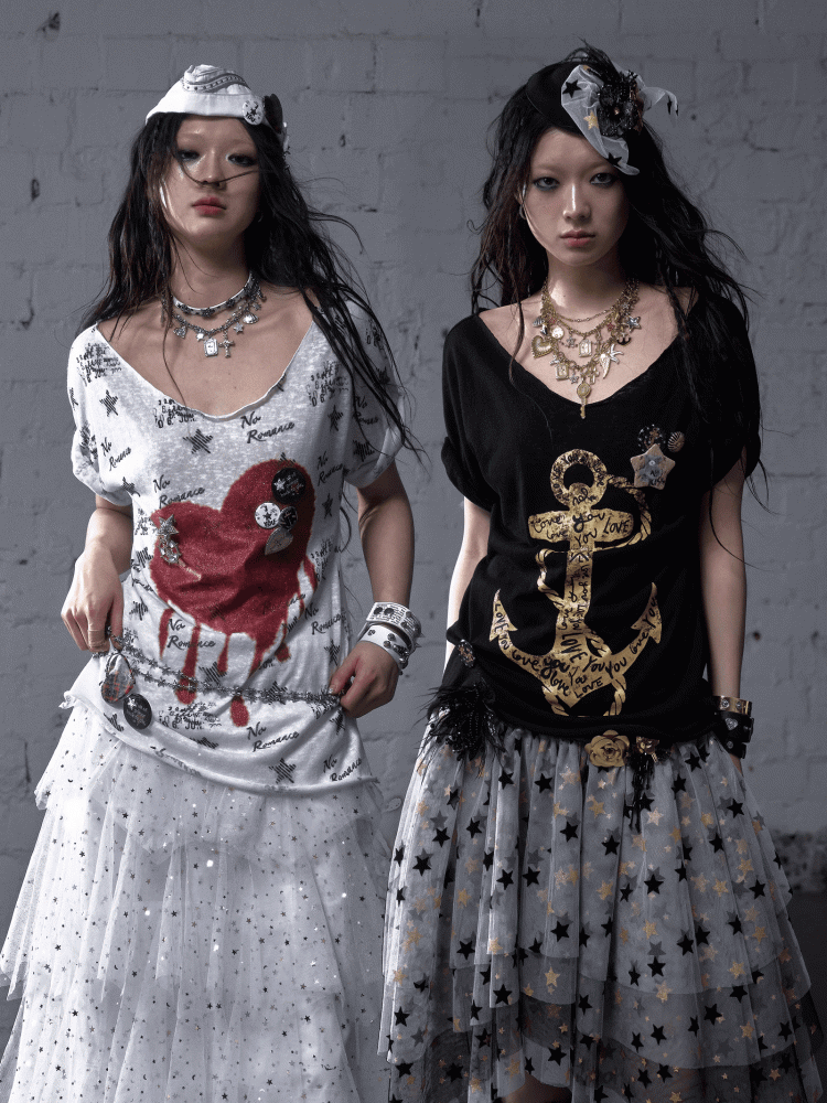 Schwarz/Weißes Navycore-Grafik-T-Shirt im Distressed-Design