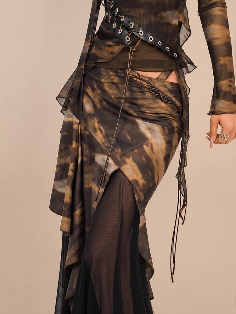 Tie-Dye Floor Length Coffee Punk Skirt with Black Mesh Lining