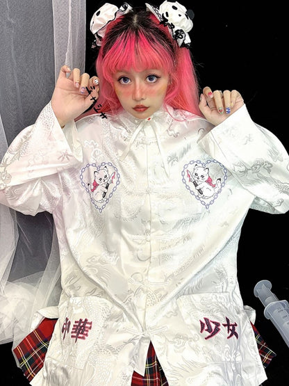 and Cat White Cheongsam Motif Blouse Dragon Sleeve with Long/Short