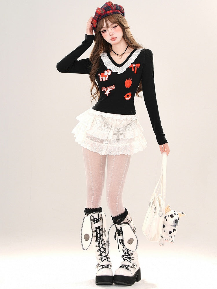 Schwarz/Graues Cartoon-Top mit V-Ausschnitt und Spitzenbesatz