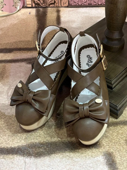 Wood Crossed Heel Platform with Brown Straps Grain - Sweet Lolita Janes Bow Mary Decor