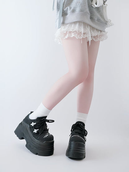 Yami Kawaii Matte Black Cross Velcro Strap Kitty Ears Platform Shoes