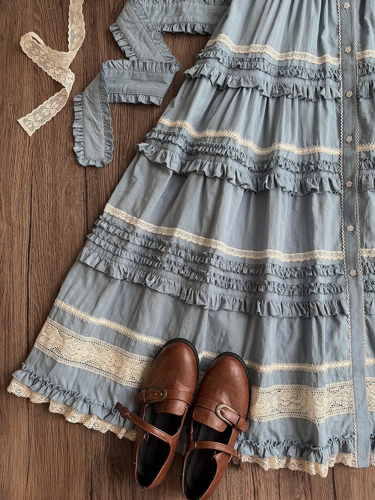 Blue Layered Ruffles Elegant Lolita Dress Front Button Placket - Miss Point