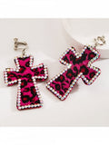 Y2K Cross Rhinestone Ear Clips with Leopard Print - WhaleHall