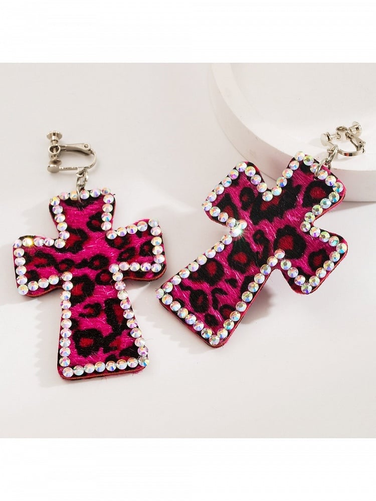 Y2K Cross Rhinestone Ear Clips with Leopard Print - WhaleHall