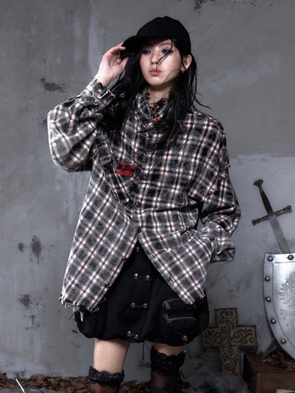 Faded Shirt Frayed Rock White Distressed Punk Edgy with Black Multi-Button Placket Hem Plaid