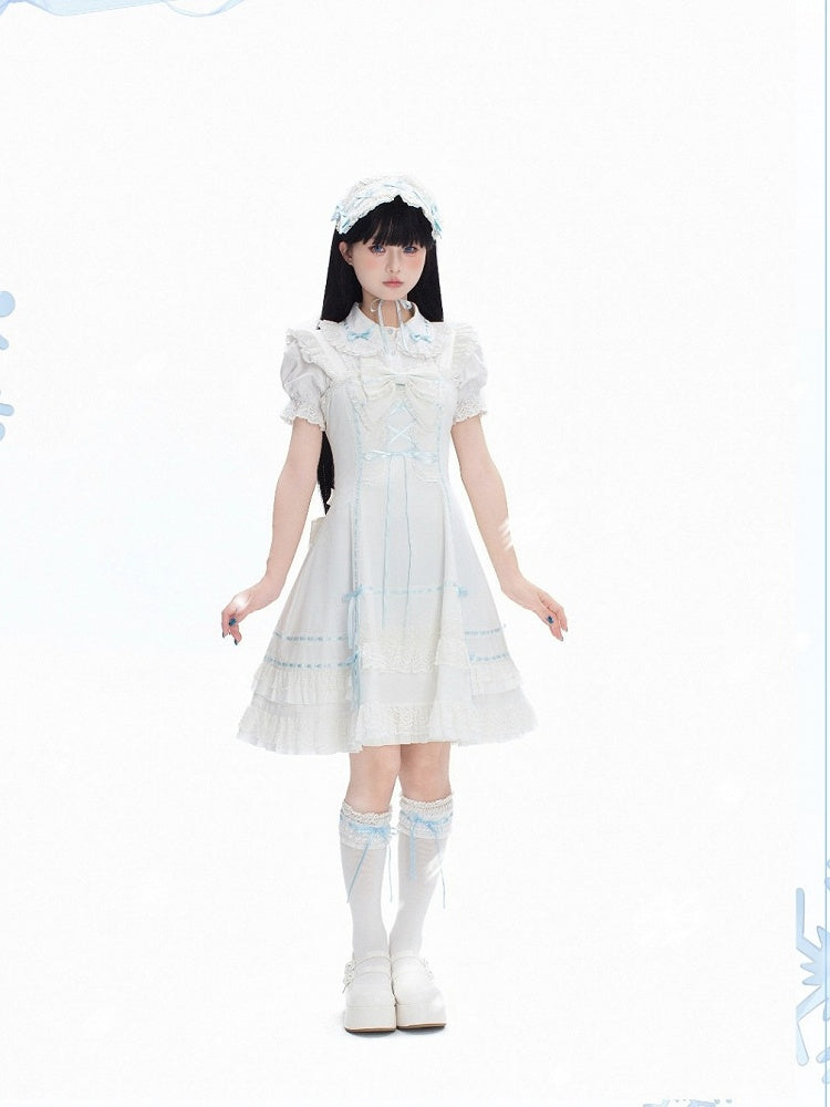 Blue-White Kawaii Cotton JSK Gown with Ribbon and Ruffle Embellishments