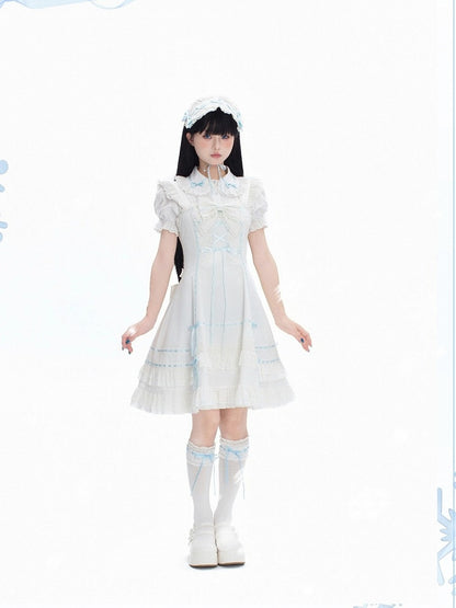 Blue-White Kawaii Cotton JSK Gown with Ribbon and Ruffle Embellishments