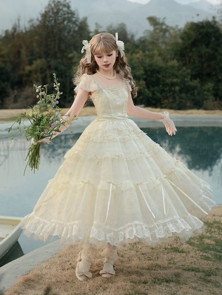 Perlen Schleife Creme Prinzessin Akzente Weiß Ausschnitt Band Kleid Lolita