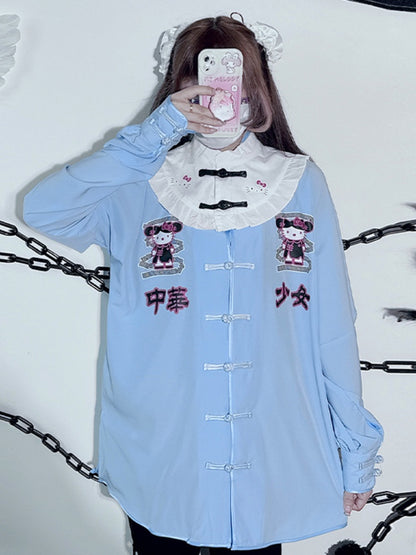 Schwarz/Blaues Jirai Kei-Oberteil mit langen Ärmeln und Kitty-Stehkragen