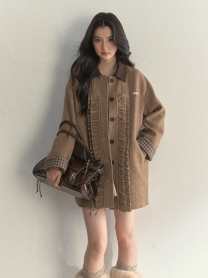 Brown Cuffs with Plaid Coat Sweet Details Ruched Houndstooth