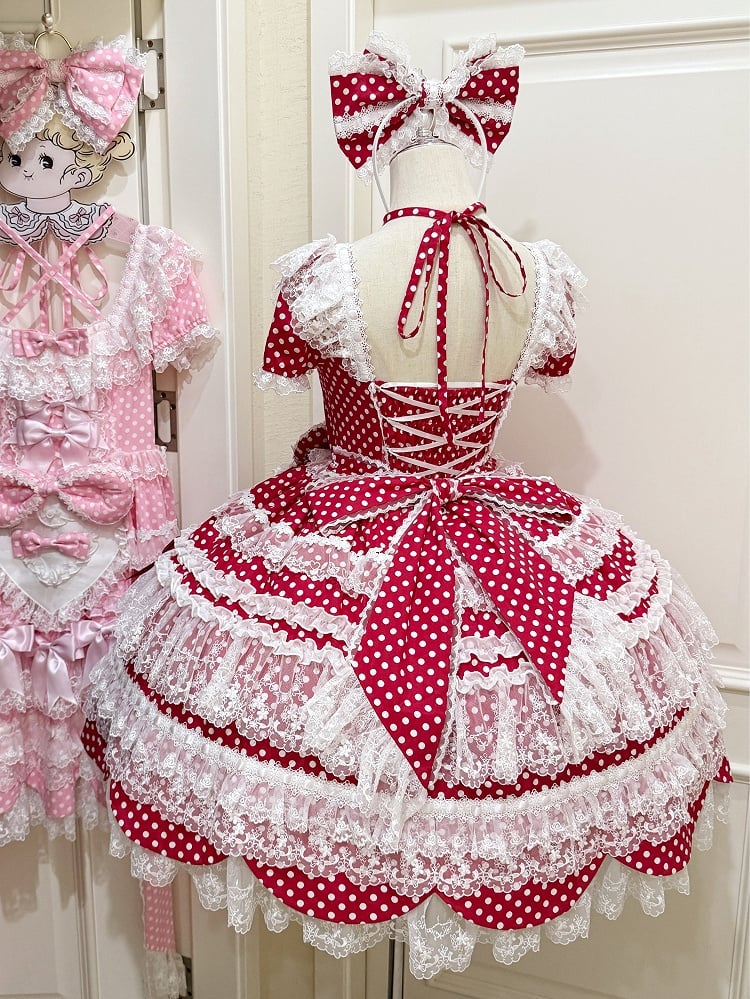 Schule Polka Schleife Ärmel Lolita Kleid Kurz Rot Akzente Punkte Muster Alt